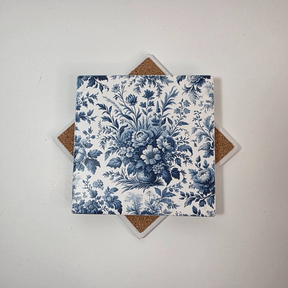Blue Toile Sandstone Coaster - Set of 4 | French Country Floral | Cork Back 4.3" - Picture 2 of 6